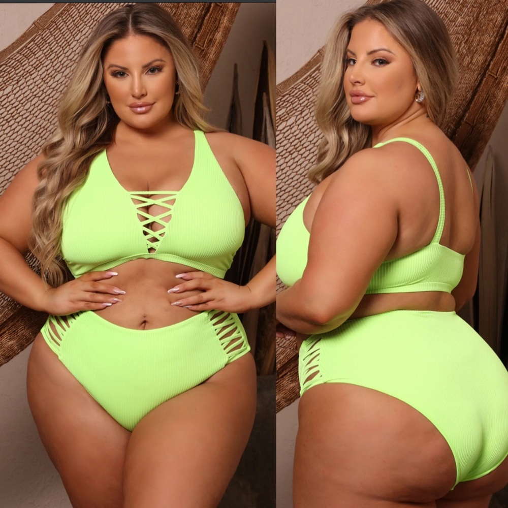 NEW Coastal Waves Caged High Waist Halter Plus Size Bikini Set Lime Green NWT 3X